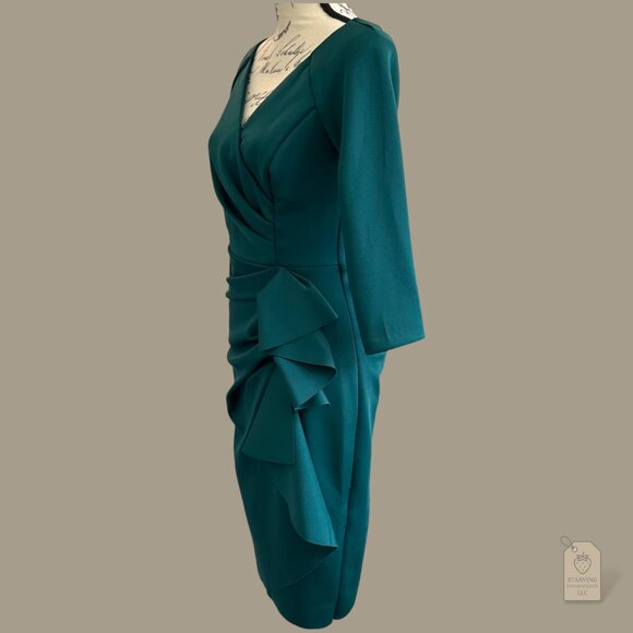 XSCAPE Emerald Green Draped Ruffle Sheath Dress Women’s Size 6 Made in USA - Picture 4 of 7